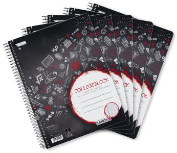 Landré Collegeblock A4 kariert mit Rand, 160 Blatt, schwarz, gelocht, 5 Stück