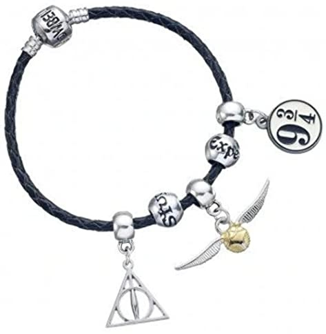Harry Potter - Armband en Cuir + 3 Charms + 2 Perlen - Plaqué Argent, Einheitsgröße, Leder, ohne Stein, Einheitsgröße, Leder, ohne Stein