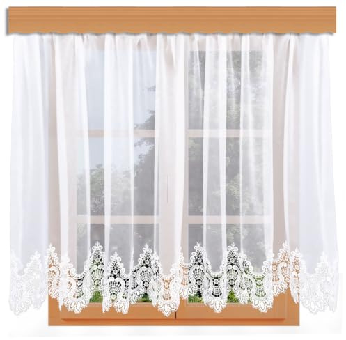 Gardinen-Store Safira Vogtländische Spitze | klassischer handgefertigter Sockelstore mit Reihband | lichtdurchlässiger Fenster-Vorhang mit angenähter Spitzenkante weiß | Höhe x Breite 80 x 600 cm