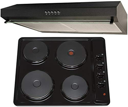 SIA 60cm 4 Zone Black Solid Plate Hob & Slimline Visor Cooker Hood Extractor Fan