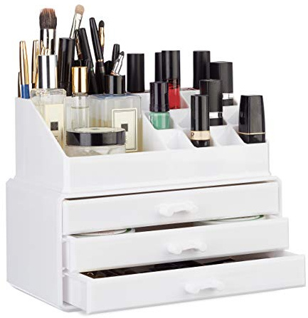 Relaxdays Make Up Organizer klein, 2-teilige Schminkaufbewahrung mit Schubladen, stapelbares Kosmetikregal, mehrfarbig