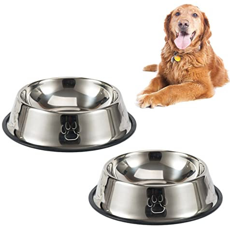 Jiuhao Stainless Steel Non Slip Dog Bowls - Pack of 2, 1000 ml /35.2oz Medium for Drinking Water & Feeding