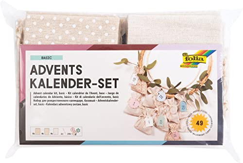folia 64121 - Adventskalender Set, Basic mit Motivdruck, ca. 10 x 13 cm, 24 naturfarbene Stoffbeutel, aus Baumwolle und Polyester, inklusive Anhänger und Garn, Natur