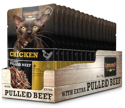 LEONARDO Frischebeutel [16x70g Chicken mit Fleischstreifen] Pulled Beef | Getreidefreies Nassfutter für Katzen | Alleinfuttermittel Katzenfutter