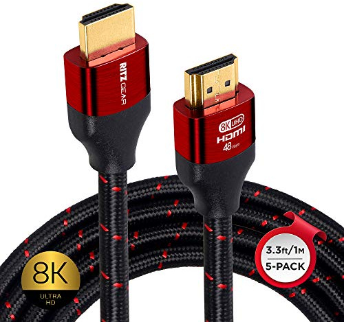 Ritz Gear 8K HDMI Cable 3.3 ft [5 Pack] Compatible with PS5, PS4, PS3, Xbox, Roku, Apple TV, Gaming PC, Laptop or Monitor, Braided Nylon Cord & Gold Connectors, Ultra High Speed HDMI 2.1 with Ethernet