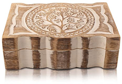Great Birthday Gift Handmade Decorative Wooden Jewelry Box Tree Of Life Carving Jewelry Organizer Keepsake Box Treasure Chest Trinket Holder Watch Box Storage Lock Box 9 x 6 Inch Housewarming Gift