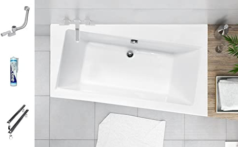 ECOLAM Badewanne Infinity Trapezwanne Eckwanne für Zwei Personen mit Abfluss mittig 170x110 cm RECHTS Ab- und Überlauf Automatik Füße Silikon SET
