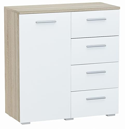 MATKAM Kommode Helena B80 x H84,5 x T35 cm, Sideboard mit 4 Schubladen und 1 Fächer mit Türen, ideal für Büro, Diele, Wohnzimmer, Jugend- oder Kinderzimmer (Sonoma Eiche – Front in weiß)