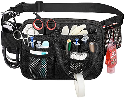 SITHON Nurse Fanny Pack with Tape Holder, Multi Compartment Medical Gear Pocket Nursing Organizer Belt Bag, Apron Hip Bag Utility Waist Pack for Stethoscopes Bandage Scissors Medical Supplies, (Black)