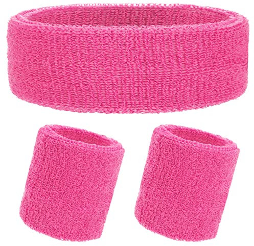Yolev 3 Stück Schweißband Set Rosa Sport Stirnband Schweißbänder Handgelenk Herren Damen 80er 90er Jahr Outfit Schweißbänder Absorbierendes Accessoires