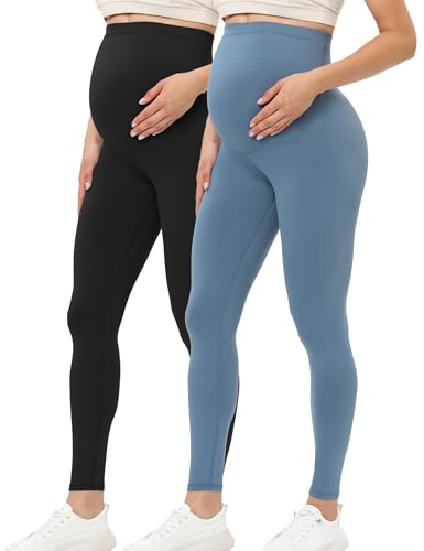 Buttergene Leggings Premaman da Donna, sopra la Pancia, Abbigliamento Attivo, Allenamento, Yoga, Collant, Confezione da 2 Nero/Blu Scuro, M