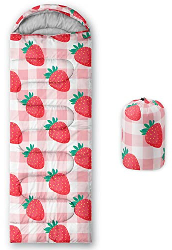 Datura home Kinder-Schlafsack für Mädchen, Erdbeer-Rosa, Gittermuster, warm, für drinnen und draußen, leicht, wasserdicht, kältebeständig, Schlafsack für Camping, Wandern (Erdbeere, 81,3 x 228,6 cm)