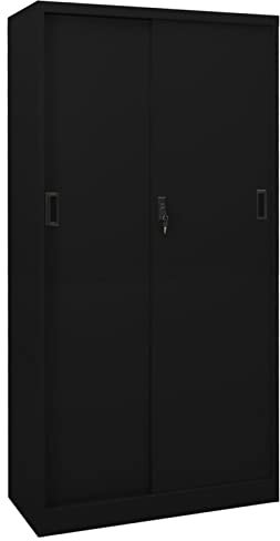 JUNZAI Büroschrank mit Schiebetür, Aktenschrank, Werkzeugschrank, Metallschrank, Stahlschrank, Kellerschrank, Universalschrank, Lagerschrank, Schwarz 90x40x180 cm Stahl