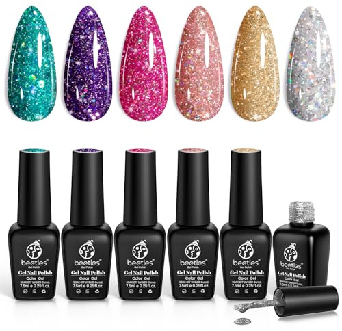 Beetle Glitter Gel Nagellack Set - 6 färger Rosa Silver Platinum Gel Nagellack Set UV LED Nagellampa Glitter Lila Rosa Grönt Guld Nail Art Designs för nybörjare Nail Art DIY Hem