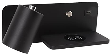 Asixxsix Modern LED Wall Sconces, LED Wall Mounted Reading Lights with 5V Wireless Charger and USB Charging Port, Adjustable Rotatable Bedroom Wall Lamp for Bedroom Bedside Bathroom (Black Left)