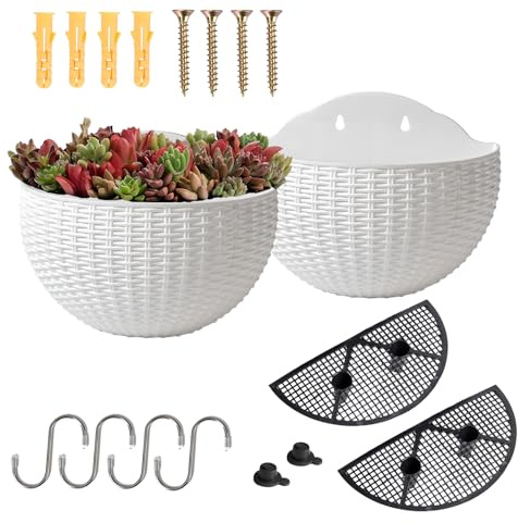 YuanDiann Wandmontage Blumentopf Halbrunder Rattanimitat Hängender Blumenkorb Balkon Innen Außen Garten Deko Pflanzgefäß Blumenampel Selbstbewässerung mit Wasserspeicher Weiß 2 Pack S