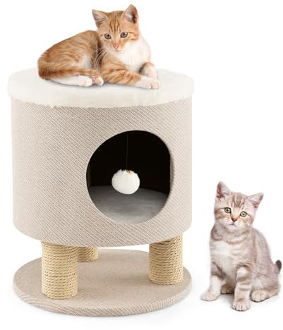 GOPLUS Kratzbaum mit Katzenhöhle, Katzenhaus mit Plüschliegefläche, Spielball & 3 Kratzsäulen, moderner Fußhocker mit Stabiler Basis, Sitzhocker belastbar bis 60 kg, 40 × 40 × 47 cm (beige)