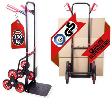 PROREGAL Klappbarer Profi-Treppensteiger Taurus 150kg TÜV Zertifiziert pannensichere Vollgummibereifung 110x45x61cm Rot-Schwarz Sackkarre Transportkarre Staplerkarre