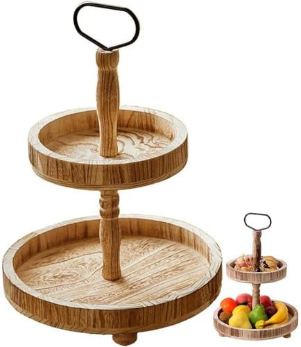 Sanfly Kuchenständer Aus Holz, 2 Etagen, Runder Kuchentablettständer, Abnehmbares Serviertablett, Gebäckständer, Servierständer Für Cupcakes, Obst