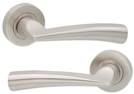 Infinity Decor Pair of Loyal Lever on Rose Door Handles Set in Satin Nickel Finish for Internal & External Doors