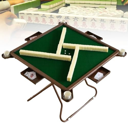 YXFAZPP Folding Mahjong Table, Multifunction Card Table with Plush Top, Party Gathering Game Table with 4 Cup Holders & 4 Drawer, for Poker Cards, Mahjong, Board Games