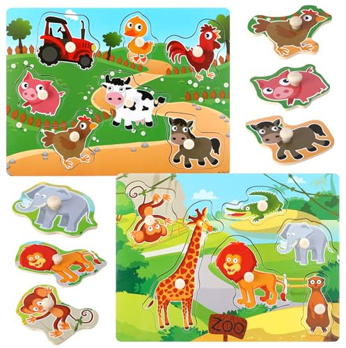 taonganui 2 Stück Holzpuzzle Holz Puzzle Kinder Steckpuzzle Holz ab 1 Jahr 2 3 Jahre Safaritiere Puzzle Holzspielzeug Dschungeltieren Spielzeug für Baby Junge Mädchen
