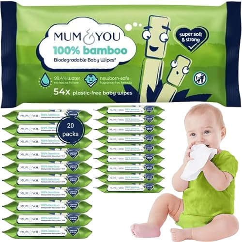 Mum & You Bamboo Baby Wipes Multipack - 100% Biodegradable Wet Bamboo Wipes (20 Packs), 99.4% Water| Ideal Wipes for Sensitive Newborn Skin, Wet Tissue