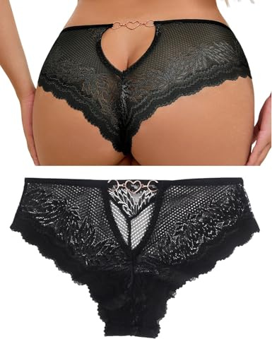 ohyeahlady Sexy Lace French Knickers Plus Size Thong Panties Womens Back Cut Out Brazilian Cheeky Underwear with Heart Shaped Chain Breathable Hipster Briefs S-2XL
