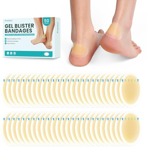 Promifun Vendas para ampollas, almohadillas para ampollas, almohadillas de 50 unidades, resistentes al agua, vendajes hidrocoloides para pies, dedos de los pies, talones, vendajes de gel para