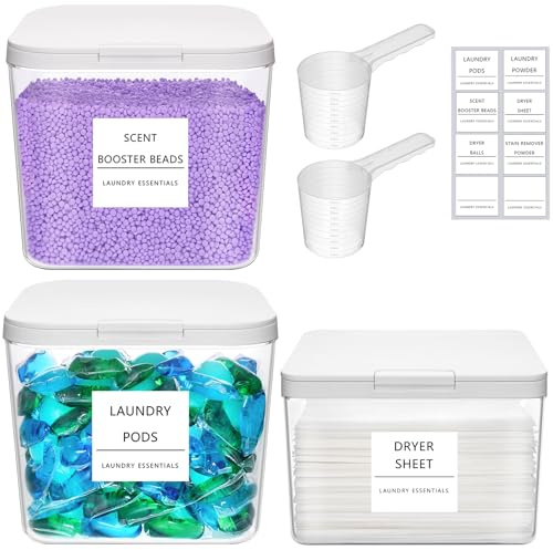 Lifewit 3 Pack Laundry Pods Container and Dryer Sheet Holder Set with Labels, Press and Pop Lid, Detergent/Powder/Capsule/Pot/Washing Tablets Storage Holder for Laundry Room, Bathroom Organisation