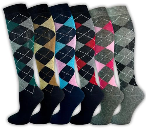 Kniestrümpfe Damen Strümpfe (6 Paar) Reitsocken Reitstrümpfe Damenstrümpfe Komfortbund Baumwolle Damensocken Karo Atmungsaktiv (DE/NL/SE/PL, Numerisch, 39, 42, Regular, Regular, Bunt)