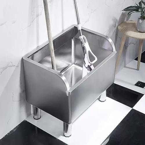 Floor Mop Sink with Deep Basin, Laundry Room Slop Sink with Drainpipe, Utility Mop Bucket for Kitchen Garages, 304 Stainless Steel,Silver-45x41x60cm