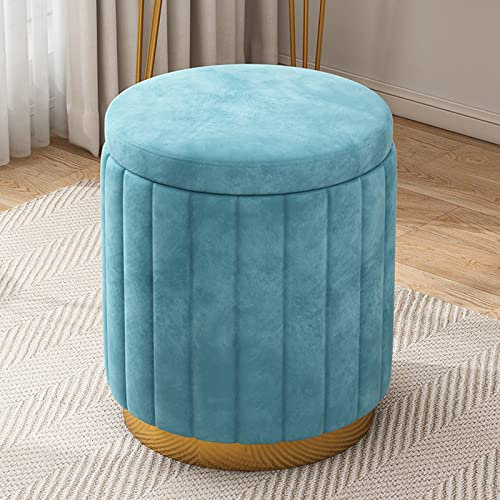 Ottomane aus Samt mit goldfarbenem Sockel für Wohnzimmer, Schlafzimmer, Dekoration, rund, gepolstert, Fußstütze, Hocker, 34 x 34 x 45 cm, großes Fassungsvermögen, Schminkstuhl
