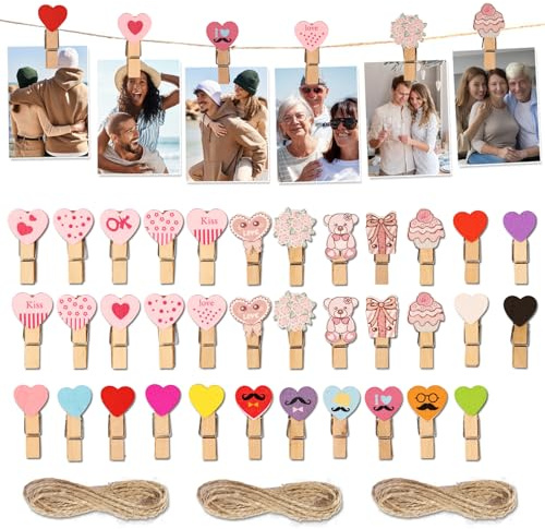 Lot de 35 mini pince à linge en bois en forme de cœur - Petites pinces colorées - Pour suspendre photos, mariage, fête, mur photo - Décoration DIY