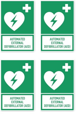 Aufkleber: 150x100 mm, 4 Stück - Automatisierter Externer Defibrillator (AED) - Sprache: englisch - Rettungszeichen mit Text (grün/weiß) - hochkant - E010 - DIN EN ISO 7010