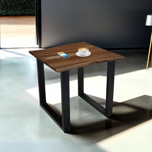 Bett11 Esstisch 80x80 cm nussbaumfarben, Akazienholz massiv 26mm, U-Gestell schwarz, Baumkantentisch aus Holz, Casa Massiva