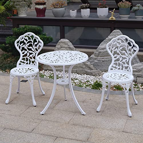 TangXiaoQi trädgårdsmöbler set 3 delar, aluminium gjutjärnsset, vit, 2 stolar med ornamentdesign och 1 bord, för balkong och terrass (bladvit)