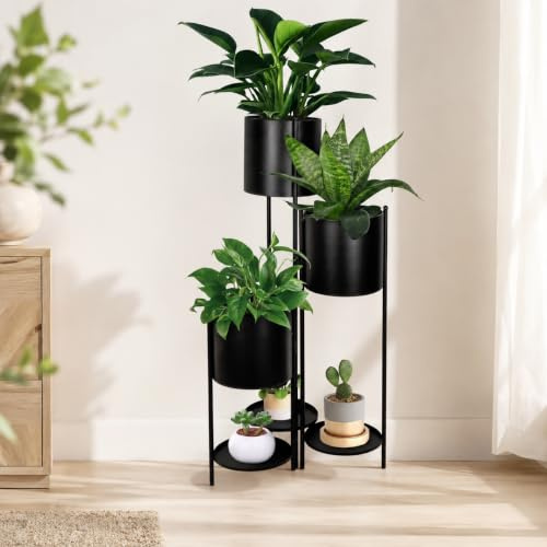 TRIROCKS Metall-Pflanzenständer 6 Etagen 6 getopft Indoor Blumentopf Stand Halter Regal Outdoor faltbar dekorative Lagerung Regal Rack für Indoor mehrere Topfpflanzen Terrasse Garten Ecke (schwarz)