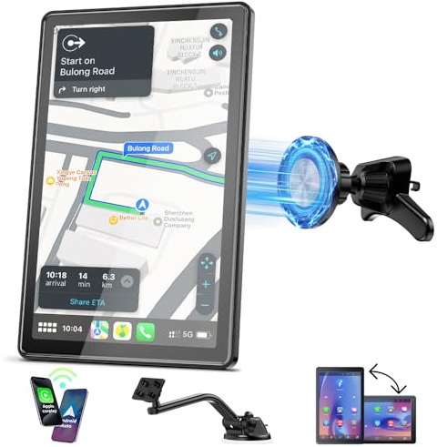LAMTTO Tragbarer kabelloser A-pple CarPlay und Android Auto Bildschirm, 7-Zoll-HD-Touchscreen im Hoch und Querformat fürs Auto mit Magnethalterung/Mirror Link/GPS-Navigation, Bluetooth AUX/FM
