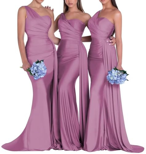 Abito da donna monospalla in raso abito da damigella d'onore lungo sirena formale abito da sera aderente abito da ballo increspato abito da sposa ospite, Lilla, 46