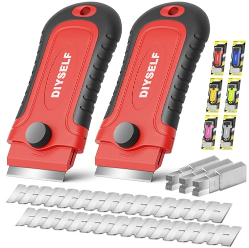 DIYSELF 2er Pack Ceranfeldschaber, Glasschaber mit 30 SK5-Klingen, Rot | Küchenschaber, Kochfeldschaber und Herdschaber mit Drehknopf und Klingenfach, als Vignettenschaber für Glas und Aufkleber
