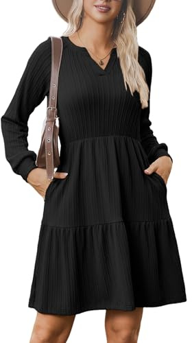 Zeagoo Abito Donna Autunnale Maglia a Coste Manica Lunga Scollo a V A-Linea con Tasche Gonna a Balze Nero XL