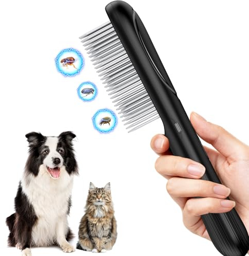 Peine Antipulgas para Perros, Peine Anti Pulga Perros y Gatos, Herramienta de acero Inoxidable de 3 filas, peine eléctrico con iones negativos para perros peludos, gatos y animales de pelo largo