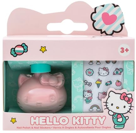 Hello Kitty Nail Polish & Nail Sticker Set for Kids | Water-Based Peel-Off Pink Nail Polish | 20 Nail Art Stickers | Non-Toxic, Quick Dry Formula | Age 3+