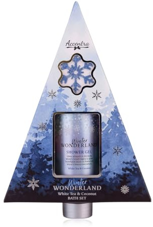 Accentra Set bagno WINTER WONDERLAND in confezione regalo con 100 ml gel doccia e 25 g bomba da bagno, regalo di Natale per donna, profumo Tè Bianco & Cocco, colore Blu/Bianco/Argento