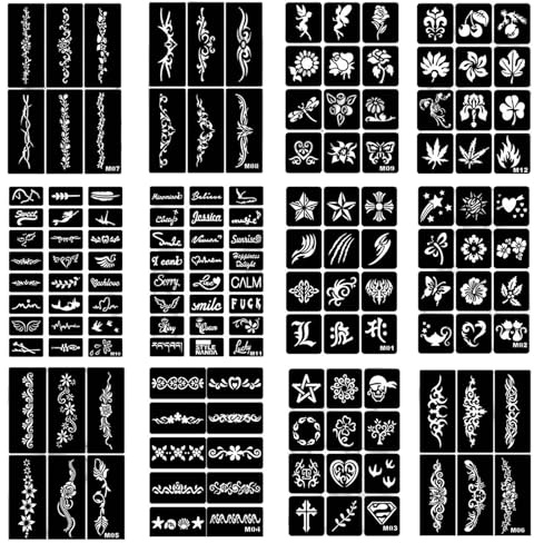 Henna Schablonen 142 Stück Henna Tattoo Schablonen Set 12 Blätter Temporäre Hennas Tattoo Body Art Vorlagen für Frauen Mädchen Teens Face Paint Schablonens für Partys Karneval und Halloween