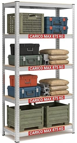 AND HOME 1 Scaffale Metallo Garage, Zincato 5 Ripiani in MDF – Portata Totale 875 kg – Montaggio Senza Viti o Bulloni - Scaffalatura Salvaspazio Robusta per Cantina, Cucina o Ufficio,180x90x40 cm