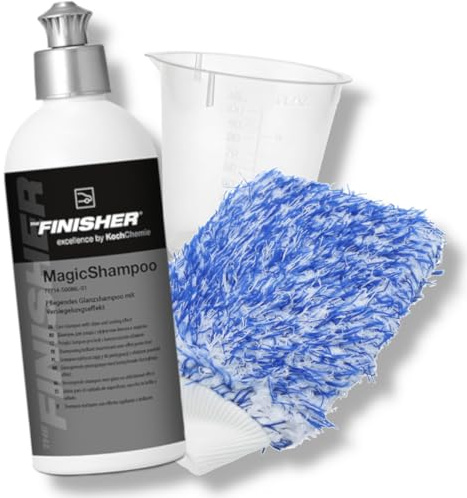 Autopflege Lack Wasch Set | THE FINISHER MagicShampoo 500ml + Waschhandschuh & Messbecher - Glanzshampoo mit Versiegelung - Autoshampoo Konzentrat - schäumende, gründliche Handwäsche - pH Neutral