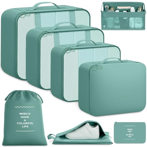 BAGAIL 8-teiliges Packwürfel-Set, Reiseorganizer mit atmungsaktivem Netz & Schuhbeutel, leichte Nylon Packorganizer für Koffer, 9 Farben - Blau