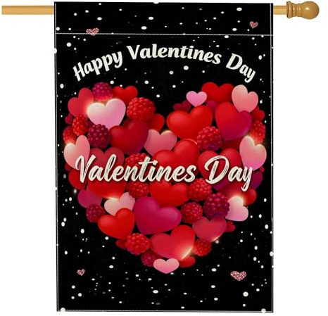 Bandiera per casa a cuore, San Valentino, romantico, rosso lampone, in iuta, double face, decorativa, per esterni, patio, cortile, prato, ingresso, balcone, 71 x 101 cm